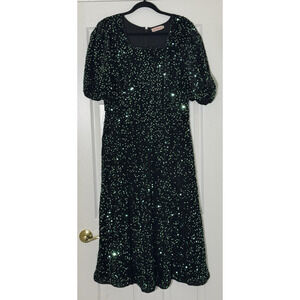 Ivy City Co Black Midi Dress with Green Sequin Sparkle